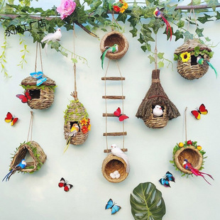 Creative Bird's Nest Hanging Decoration, Straw Woven Bird Nest, Pastoral Wall Decoration, Courtyard Environment Arrangement, Living Room Hanging Ornament, Forest-Style Hanging Decoration