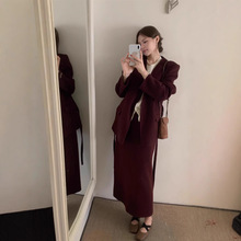 25秋冬新韩国东大门女装双面手缝羊毛大衣套裙西服OL两件套XG-507