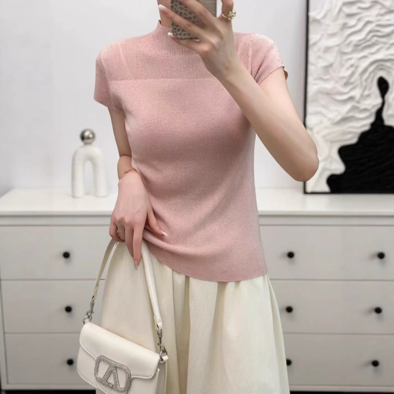 Elegant Short-Sleeve T-Shirt for Women, Round Neck, Small Flutter Sleeves, Knitted Top, Spring Thin Outerwear, Base Layer, Tank Top, Blouse