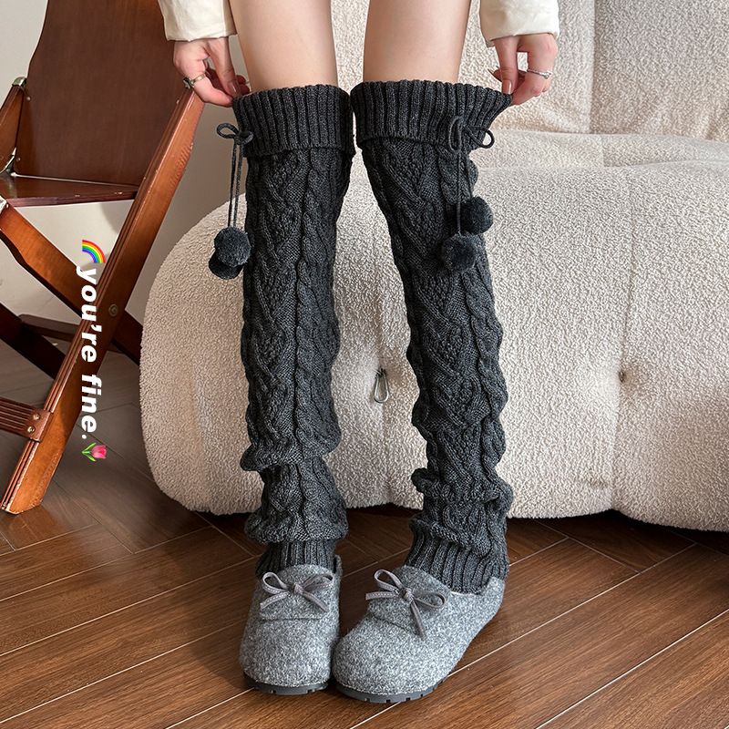 Scaldamuscoli Calzini di cotone e lana per donna, lavorati a maglia, caldi e spessi, leggings con palline di pelo carine, stile giapponese, lunghi sopra il ginocchio_voghion.com