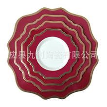 外貿創意異形陶瓷盤歐式酒紅色金邊西餐盤子婚禮家用甜品餐具果盤