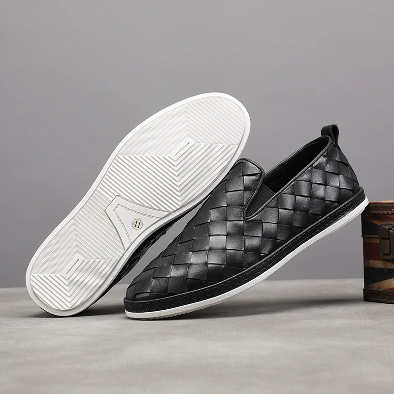 Новые тканые туфли из вискозы, повседневные однотонные туфли на плоской подошве, с круглым носком, черные однотонные повседневные однослойные туфли с низким верхом, мужские в наличии, первый слой воловьей кожи