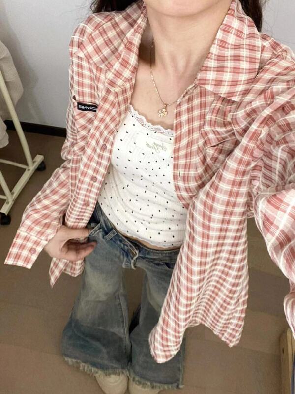 森系橘色格纹衬衫女叠穿年轻ins宽松遮肉显瘦长袖衬衣外搭开衫潮|undefined