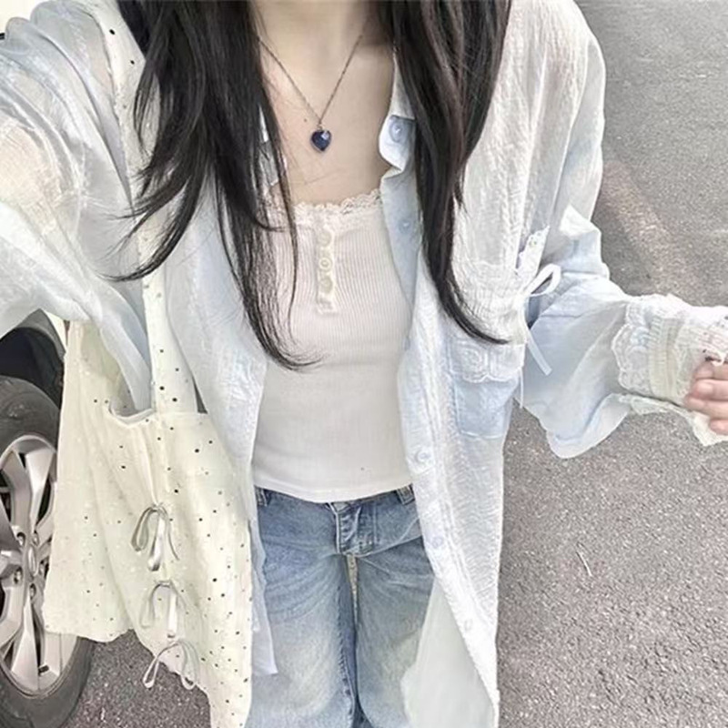2026 Spring/Summer Korean-Style Design Lace Patchwork Sun Protection Shirt for Women, Loose Casual Long-Sleeve Jacket