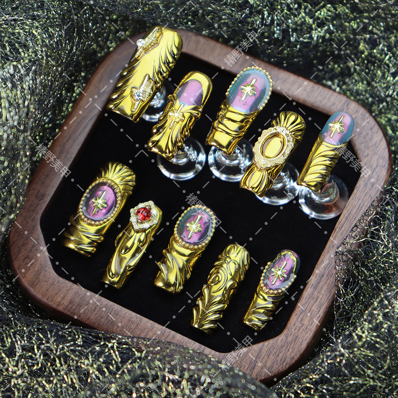 Wholesale Gothic Style Wearable Nails, French-Style Fake Nails, European and American Cross-Border Style, Gold Metal Style Wearable Rectangular Nail Pieces