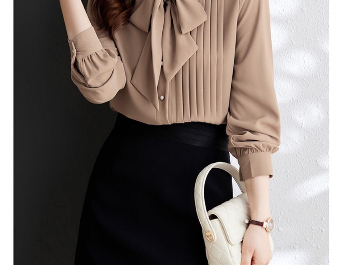 315g Weight Long Sleeve Sleeve Length Single Breasted Placket Type Regular Sleeve Sleeve Type 95% and above, Polyester Fabric Type Ordinary Model (50cm <Length ≤ 65cm) Top Length Cardigan, Shirt Tops Type Scarf collar Neckline Slim Fit Type Solid Color Pattern New Style, Japanese and New Leisure Style Chic Fashionable Long Sleeve Chiffon Shirt Women's Bow Tie Neck Unusual Design Sensation Coffee Color Series Belted Elegant 13