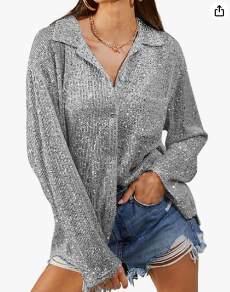 Camisa elegante informal de manga larga con lentejuelas y solapa, nueva moda de Amazon para ropa femenina transfronteriza europea y americana, otoño 2025