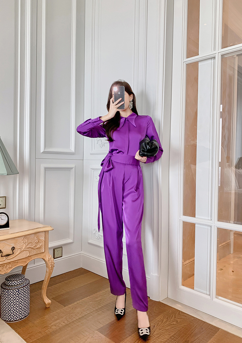 Set áo sơ mi tay dài kết hợp quần ống rộng cạp cao nữ thanh lịch — Màu tím chi tiết 8