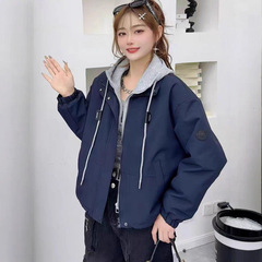 韩系别致连帽新款拼接假两件短款外套女秋冬季设计感小众加厚夹克