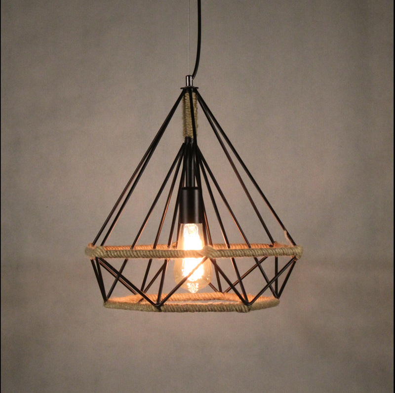 美式复古乡村餐客厅服装美发酒店咖啡厅酒网吧铁艺麻绳钻石吊灯