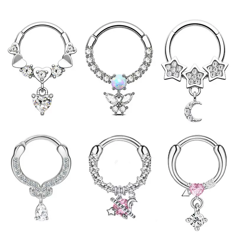 亚马逊新款欧美铜镶锆石鼻环316L不锈钢鼻环蝴蝶月亮鼻环穿刺饰品