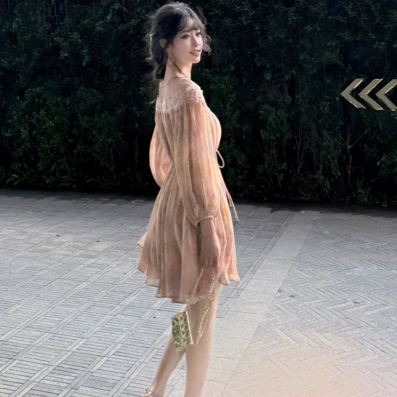 Супер сказочное платье на одно плечо с ремешками для женщин, летнее новое стильное свободное шифоновое праздничное платье в стиле чистой страсти, закрывающее живот, для похудения