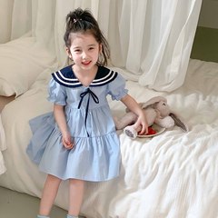 Girls Dress Summer New College Style Navy Neck Princess Dress Short Sleeve Dress for Children and Children