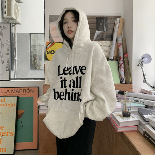 68220#250g Korean Ins Fleece Letter Hooded Sweatshirt Loose Hooded Sweatshirt Long Sleeve Overhead Top Outerwear