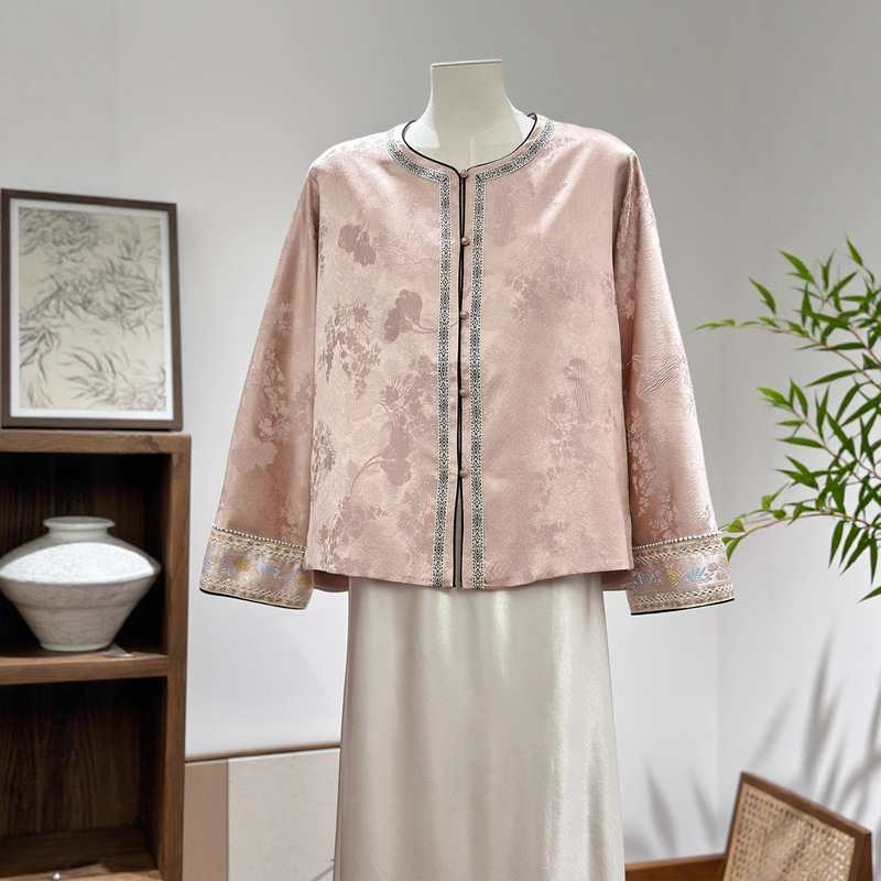 Pink Rayon Young Style Chinese-Style Jacket for Women, Spring and Autumn Cardigan Top, Round Neck, New Chinese Style, Age-Reducing, High-End Satin