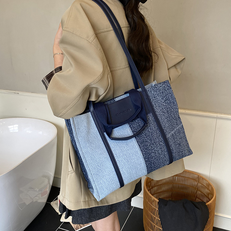 外贸跨境女包韩版拼接撞色单肩包秋2025新款高级感上班通勤托特包|undefined