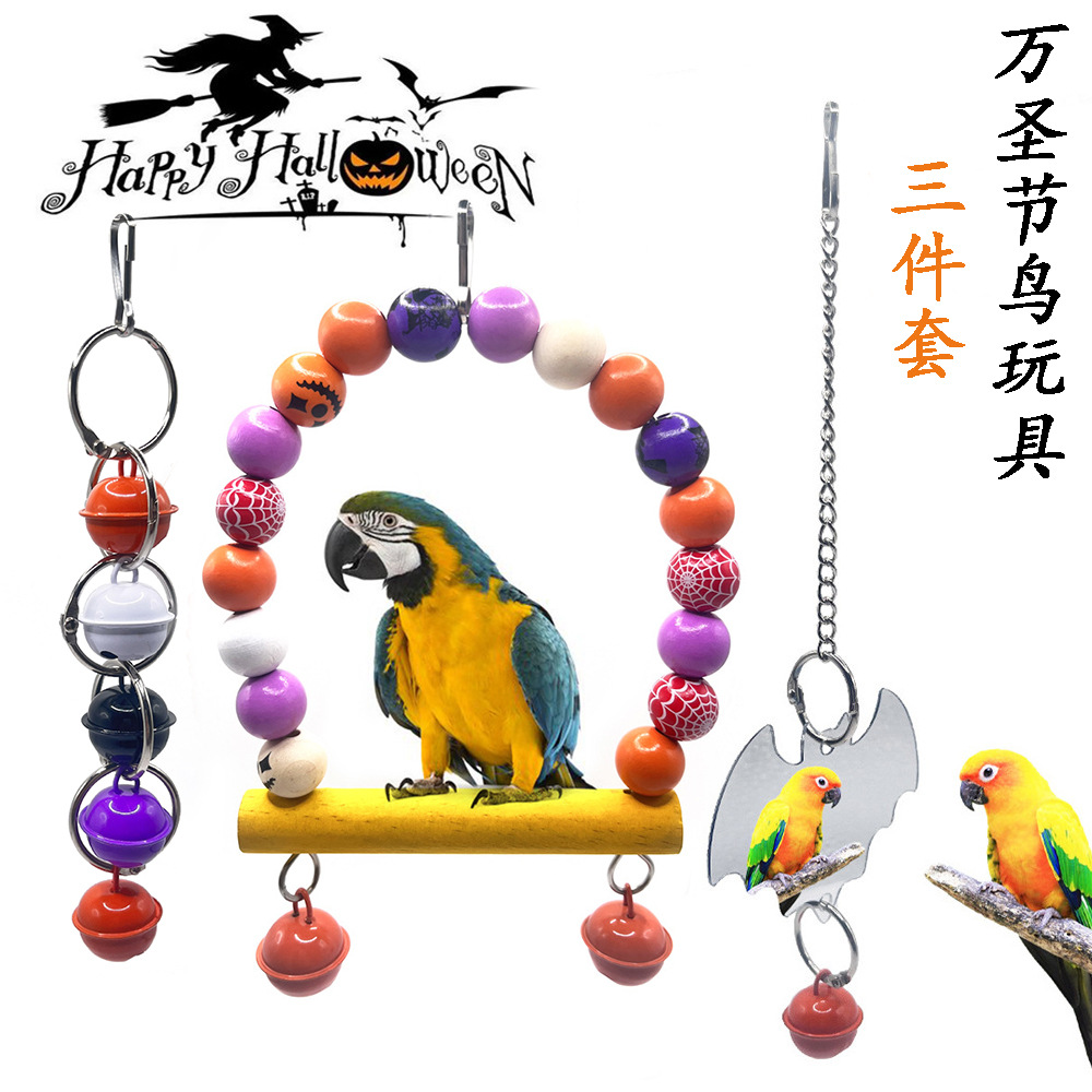 Conjunto de juguetes para pájaros de Halloween transfronterizos Espejo de pájaro en forma de murciélago Soporte de estación de loro Accesorios para jaulas de pájaros Suministros para pájaros al por mayor