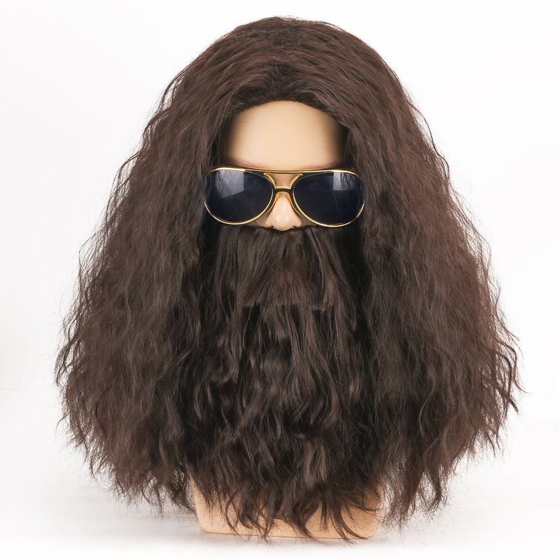 Yue Niu Trade Haggart Wig Movie Cosplay Brown Long Curly Hair Beard Accessories Halloween Wig