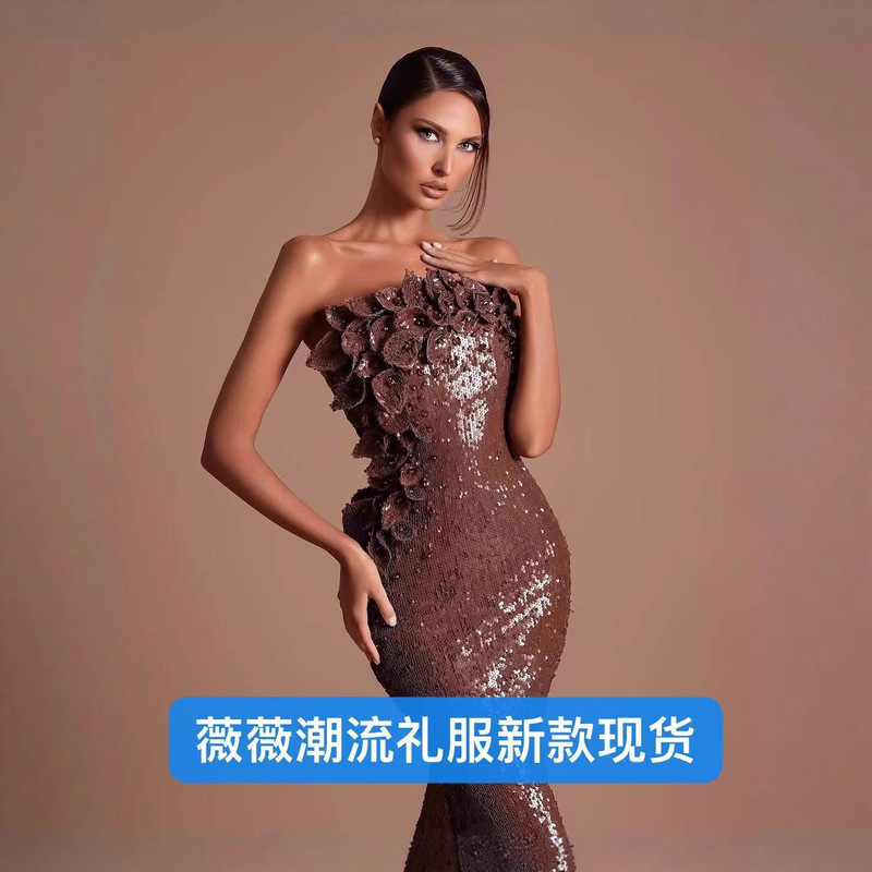 Cross-Border European and American Aliexpress Popular Tube Top Sequin Three-Dimensional Leaf Pearl Hip-Covering Fashionable and Sexy Floor-Length Evening Dress
