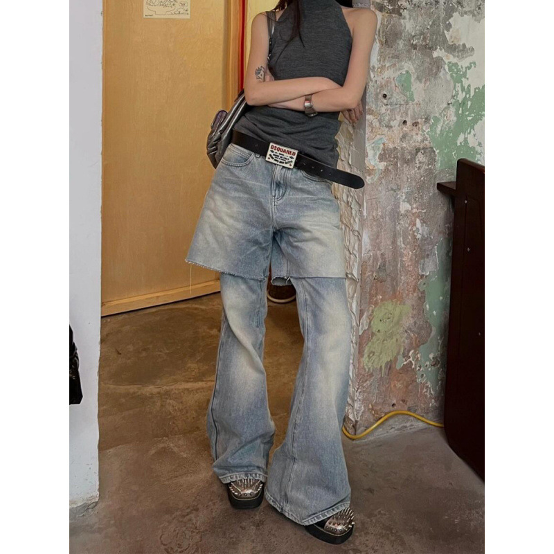 국경 간 복고풍 씻은 청바지 어린이 여름 얇은 뜨거운 소녀 디자인 감각 틈새 분리 가능한 마이크로 바지