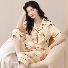新款纯棉睡衣女夏季短袖七分裤休闲夏天可外穿开衫家居服薄款套装
