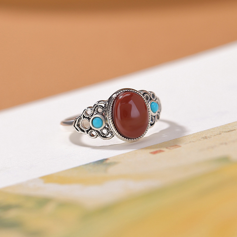 Nhẫn bạc S925 đính đá cabochon hình học phong cách vintage retro — một mảnh