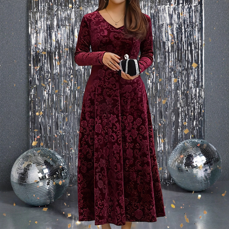 Cross-Border Women's Clothing Autumn and Winter Women's Dress Round Neck Fashionable Casual Elegant Lace Long-Sleeved Dress Splicing Style Cross-Border Women's Clothing Autumn and Winter Women's Dress Round Neck Fashionable Casual Elegant Lace Long-Sleeved Dress Splicing Style