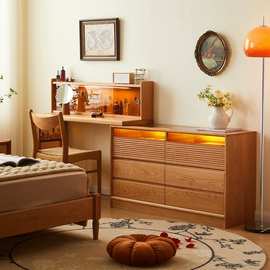 樱桃木实木梳妆台斗柜一体可移动奶油风简约卧室床尾化妆桌收纳柜