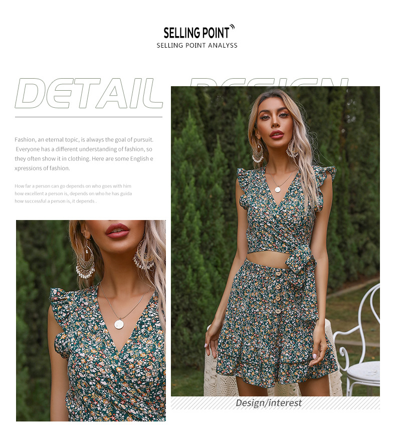 Floral One-piece Top Ruffle Two Piece Skirt Set_voghion.com