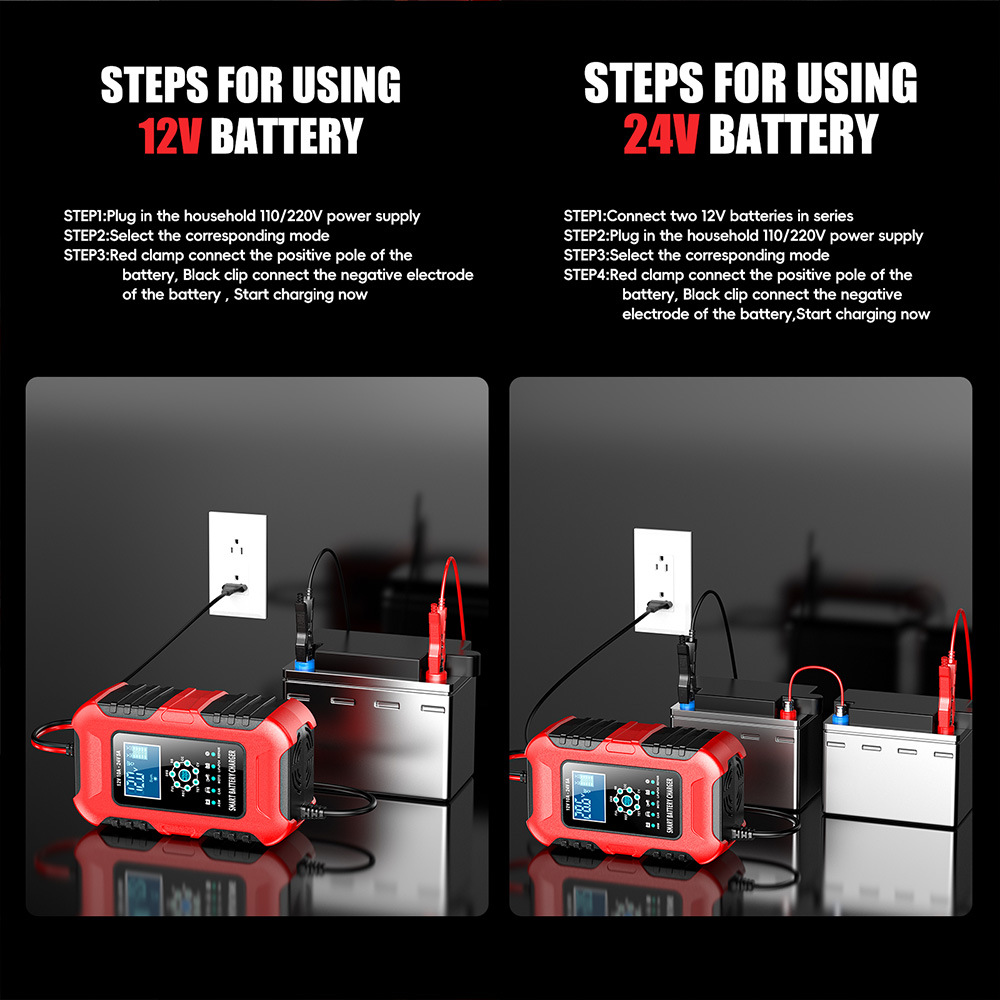 12V10A 24V5A battery charger, lead-acid battery charging and pulse repair device, red, European standard
