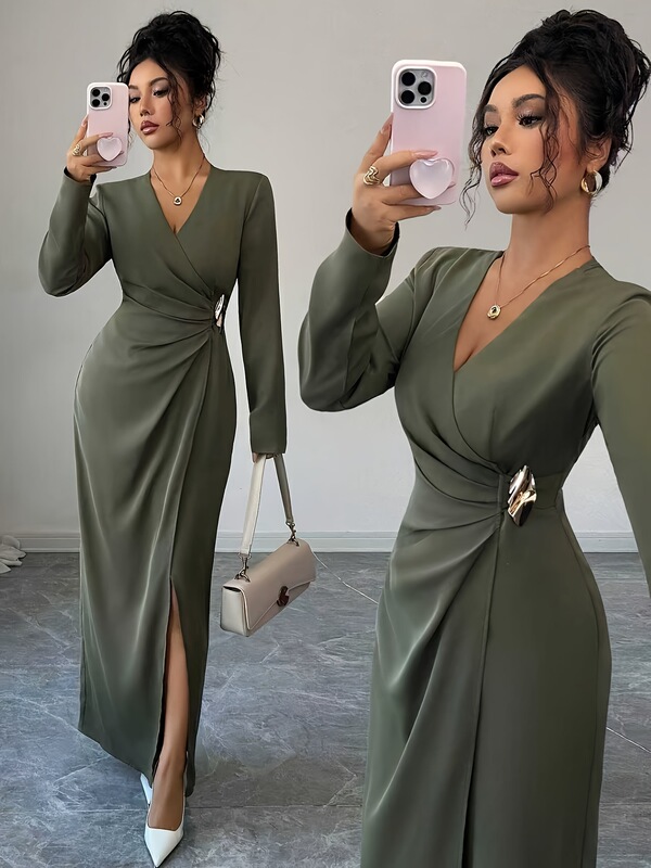 Women's Autumn and Winter Solid Color Elegant V-Neck Pleated Waist-Cinching Slit Design Long Sleeve Dress with Metal Buckle Decoration