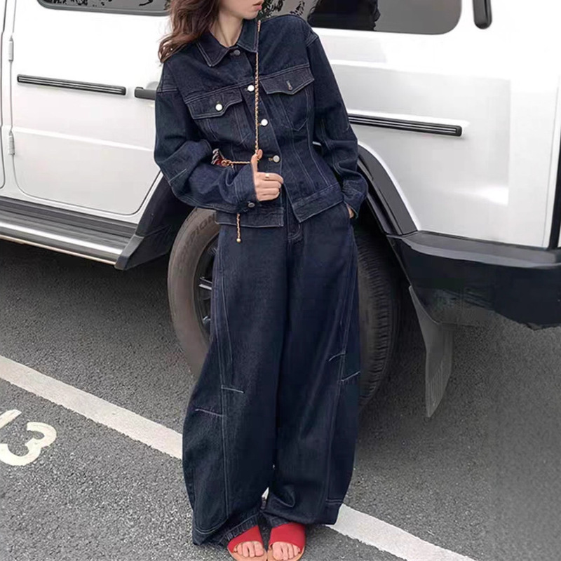 Korean Style Plus Size Fat mm Women's Retro Denim Jacket Women's Autumn and Winter Design Salt Wide Leg Pants Two-Piece Suit