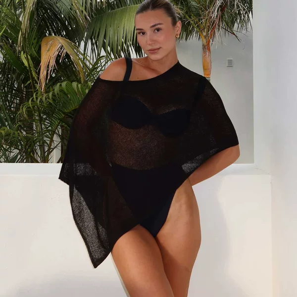 2026 New European and American Style Knitted Beach Sun Protection Shawl for Women, Summer Bikini Cover-Up, See-Through Hollow-Out Cardigan