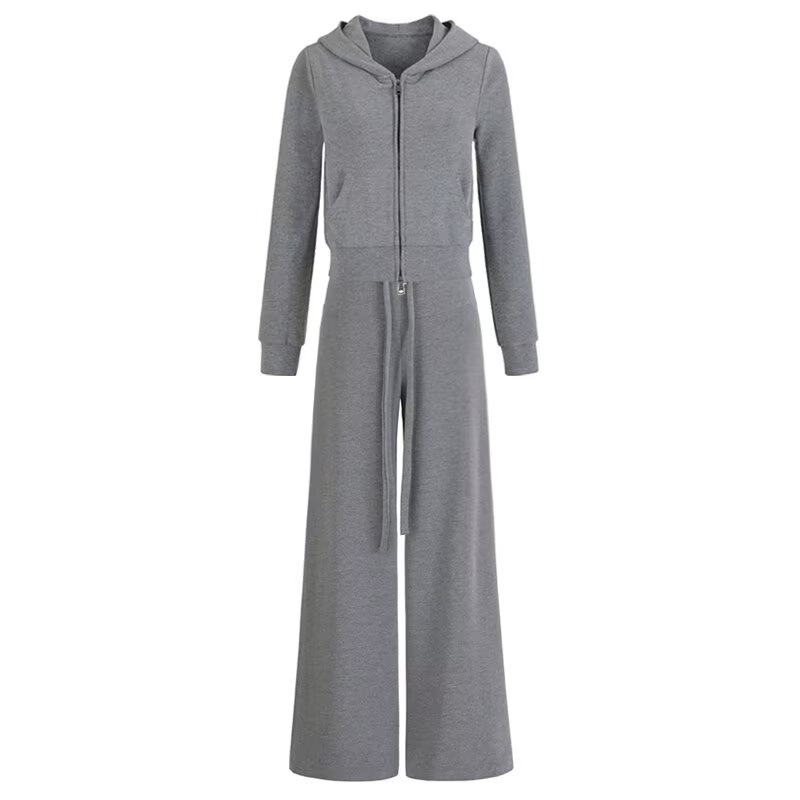 Winter Sporty Casual Fitness Women's Sweatshirt And Pants Set Hooded Zip up Sweatshirt Low Rise Drawstring Pants_ecoleips.com