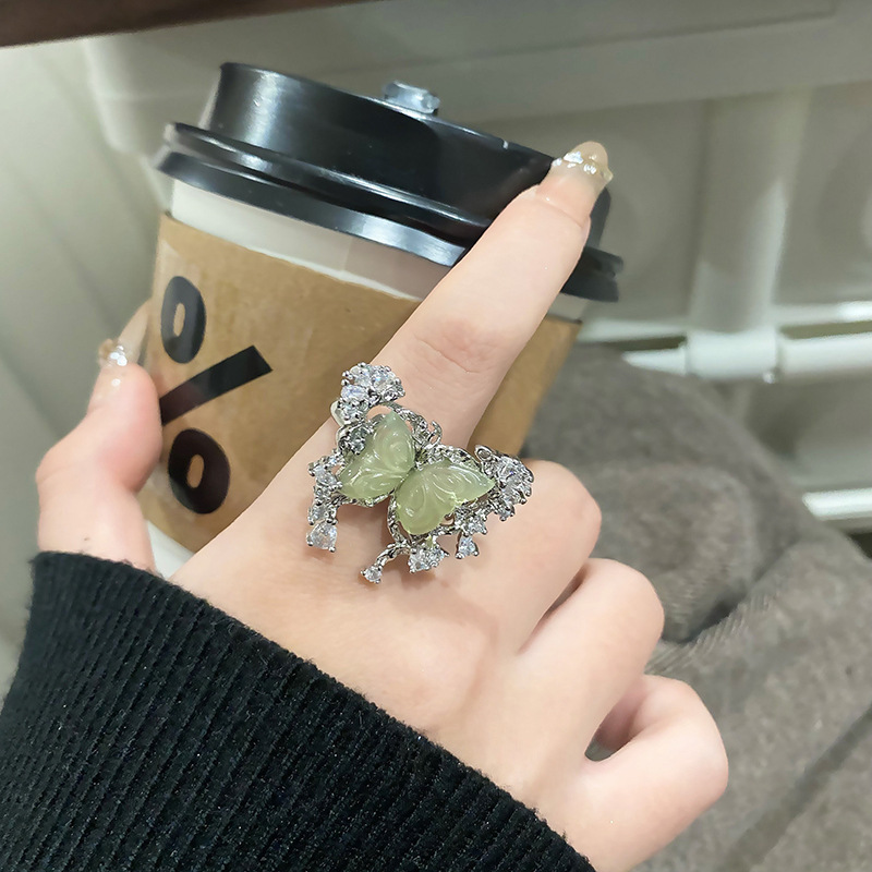 墨綠蕾絲鏤空蝴蝶戒指女小眾設計開口輕奢高級感精緻百搭配飾指環