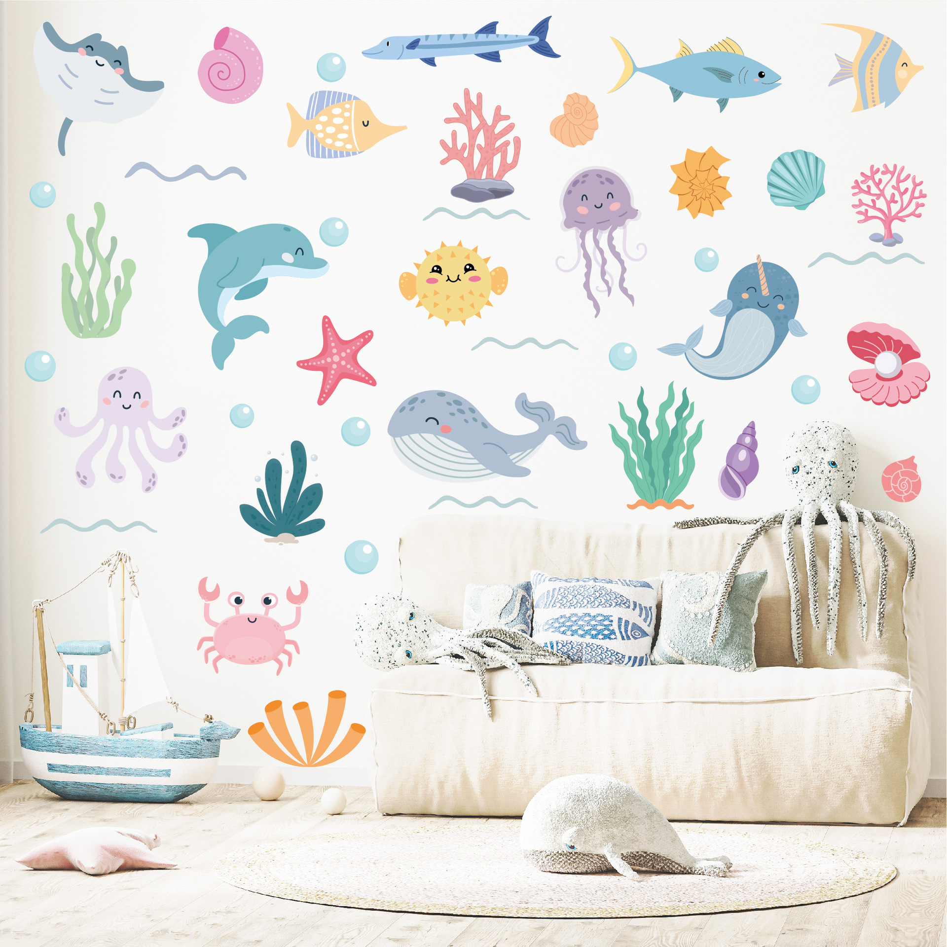 Cross-border Marine Animal Wall Stickers Home Decoration Children's Room Kindergarten Self-adhesive Cartoon Submarine Life Wall Stickers