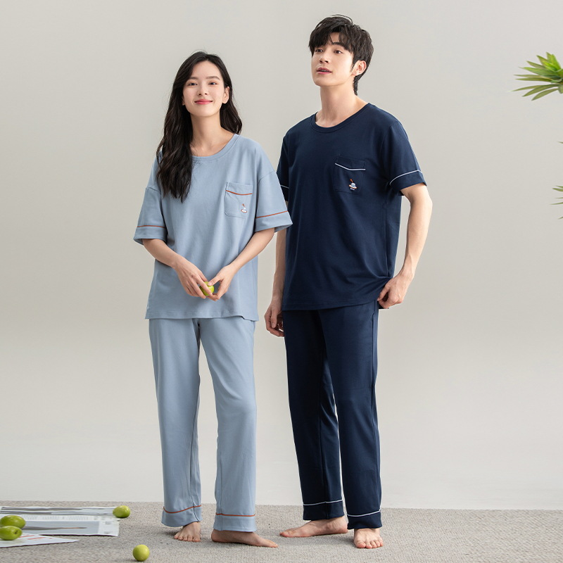 Pijamas de pareja de verano, algodón puro, manga corta, pantalones largos, estilo veraniego para hombre y mujer, estilo nuevo y sencillo para el hogar, estilo primavera y otoño 2025