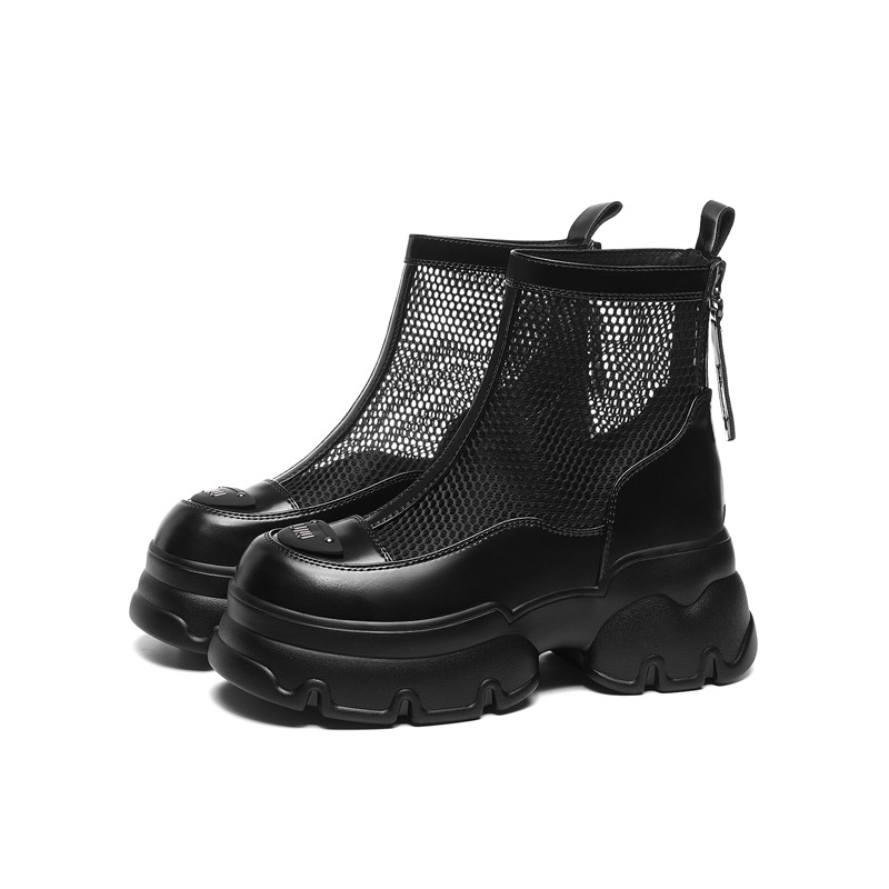 White Mesh Women's Ankle Boots With Chunky Heel And Soft Leather_voghion.com