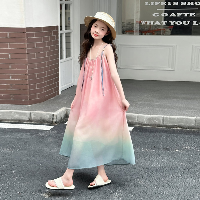 女の子のグラデーションドレスシフォン子供の休暇サスペンダースカート妖精スカート大きな子供の女の子の海辺のビーチスカートトレンディ|undefined
