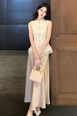 新しい中国風チャイナドレストップレースベスト女性の夏の新しいサテンスカートロングスカートツーピーススーツ