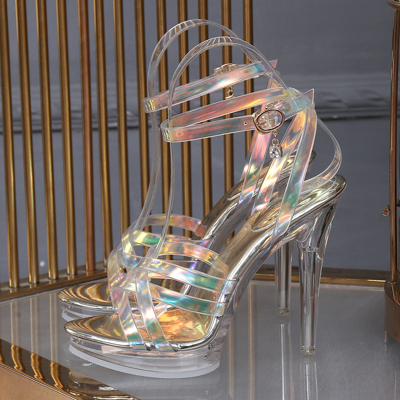 Korean-Style Foreign Trade Southeast Asia Cross-Border Iridescent Cross-Strap Transparent Crystal High-Heeled Sandals European and American Large Size Women's Shoes Korean-Style Foreign Trade Southeast Asia Cross-Border Iridescent Cross-Strap Transparent Crystal High-Heeled Sandals European and American Large Size Women's Shoes