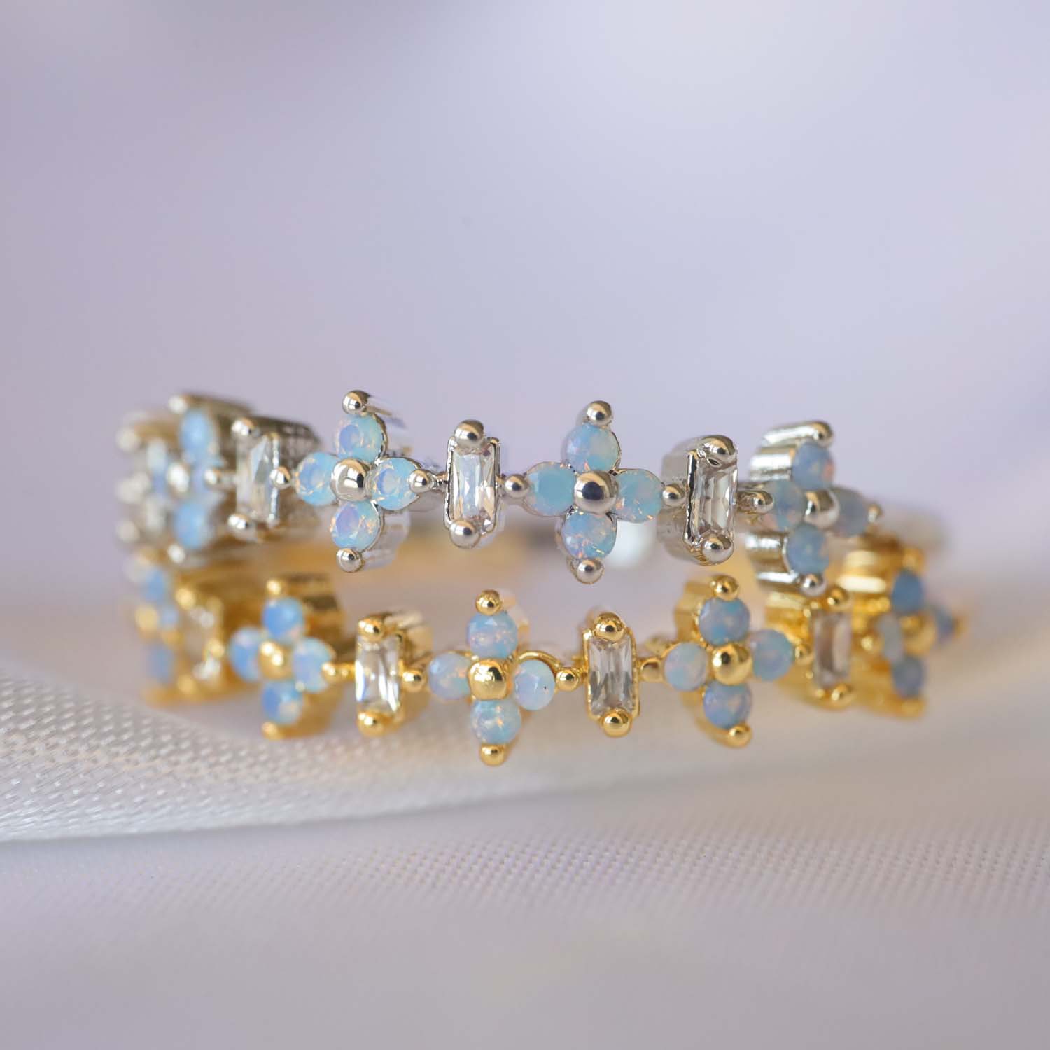 European and American Hot-Selling Opal Copper-Plated 18K Four-Leaf Clover Open Adjustable Ring Simple Zircon Women's Ring