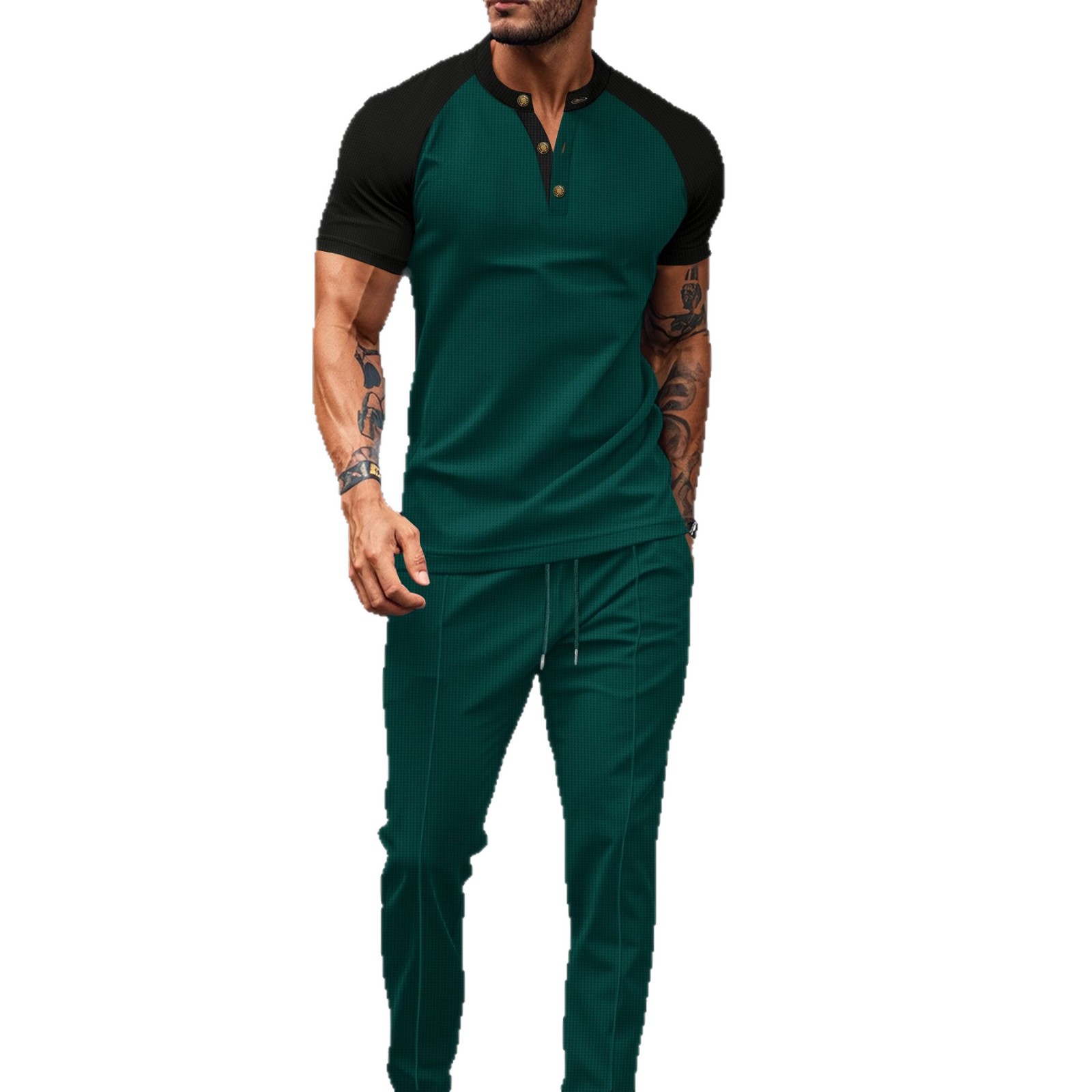 Ensemble de costume d'été décontracté pour homme - T-shirt à manches courtes et col rond color block et pantalon. Ensemble deux pièces élégant et basique en polyester._voghion.com