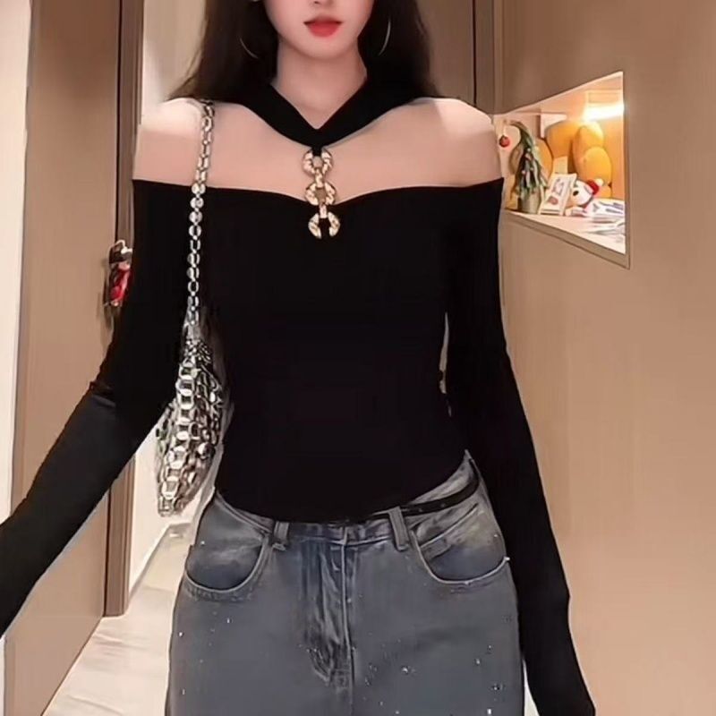 Long-Sleeved T-Shirt with Chest Pads for Women, Pure and Sexy Off-The-Shoulder Halter Neck Crop Top for Foreign Trade, Cross-Border, Southeast Asia, European and American Style