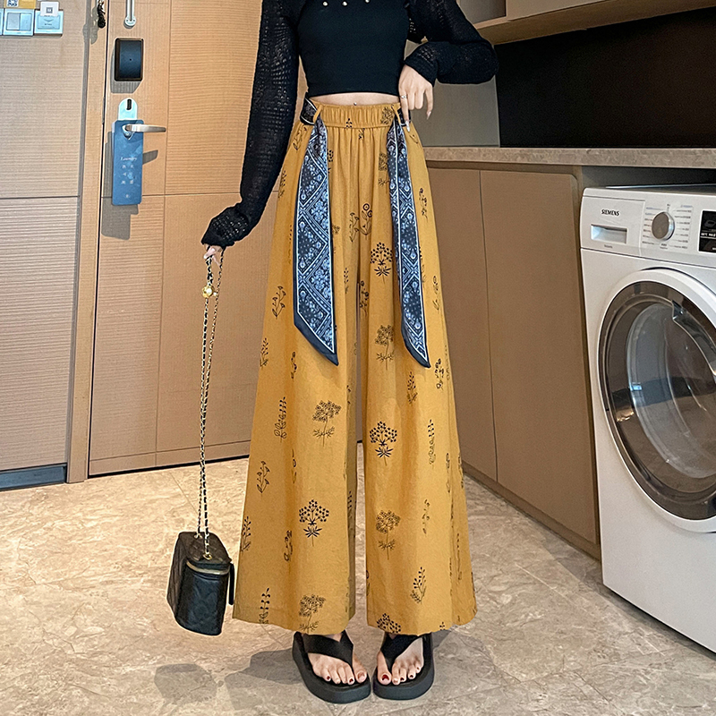 印花冰丝棉麻阔腿裤女夏季薄款2025新款系带高腰宽松休闲九分裤子|undefined