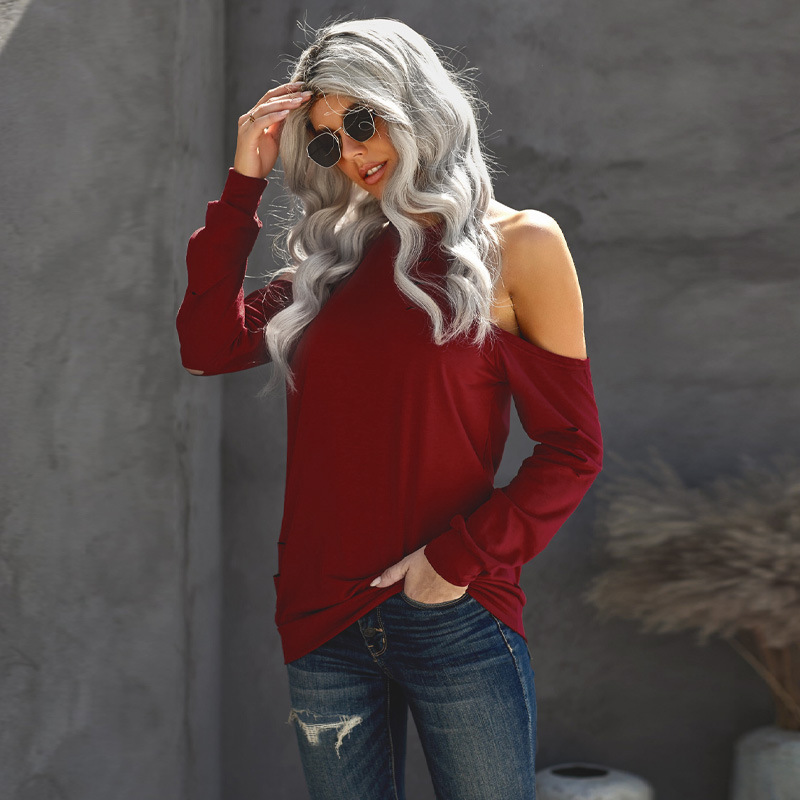 时颖欧美卫衣 女新款亚马逊纯色破洞露肩长袖宽松圆领女士上衣