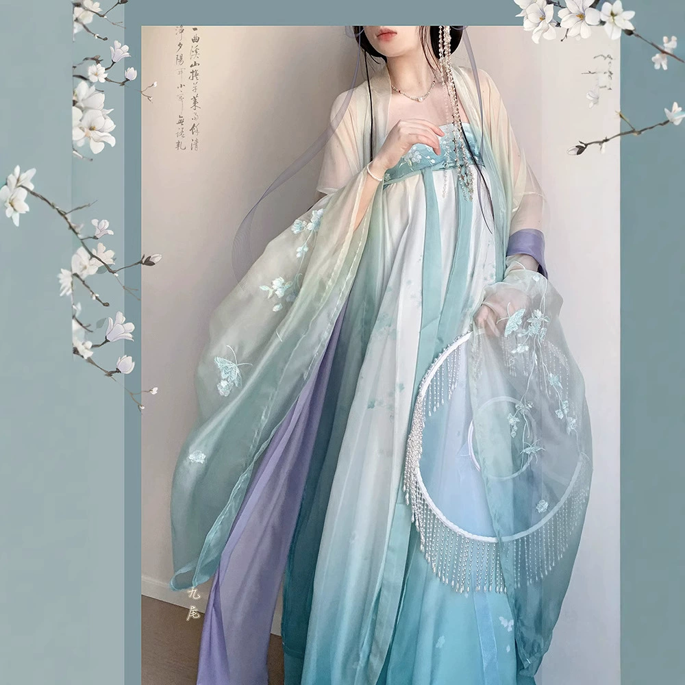 Оригинальное ханфу [как в картине] в стиле Тан: юбка до груди с разрезом, с обильной вышивкой и широкими рукавами, повседневный женский стиль весна/лето.