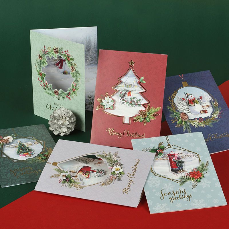 圣诞节贺卡圣诞立体平安夜祝福卡片对折卡带信封大号平板厂家批发