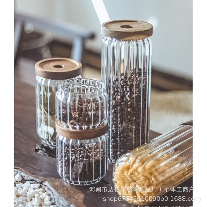 lata de té alta borosilicona vidrio contenedor tanque de almacenamiento cubierta de madera Acacia lata de almacenamiento lata de cáscara de naranja lata de sellado de vidrio rayado