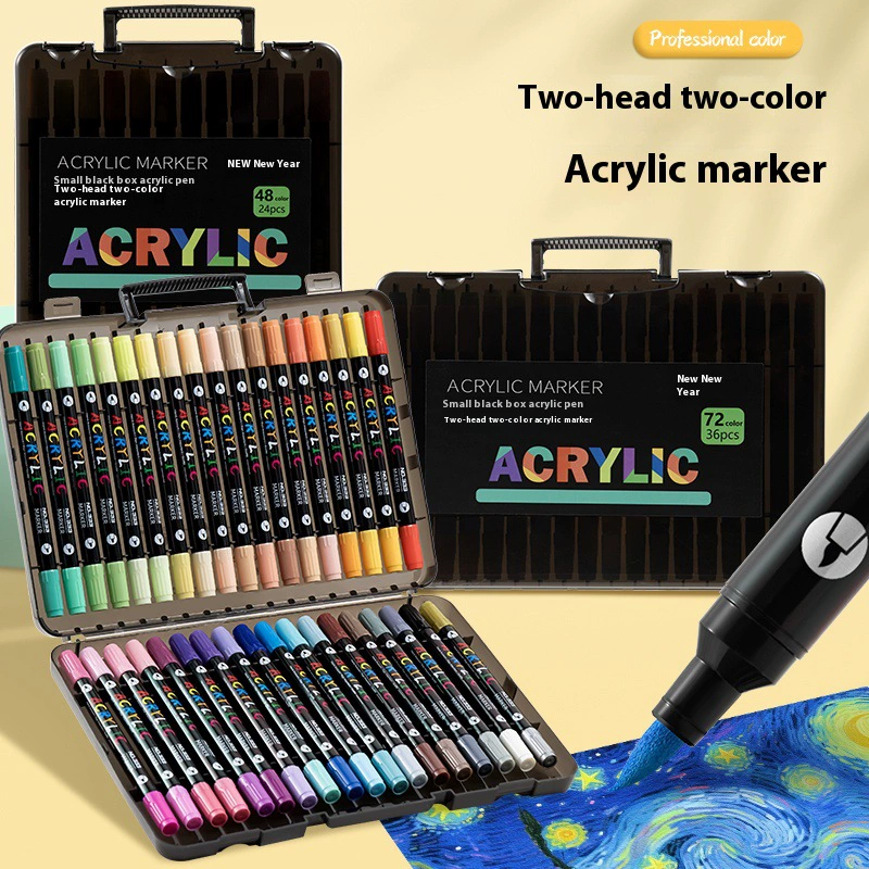 Acrylic two‑head marker set, 72 colors, waterproof, portable black case